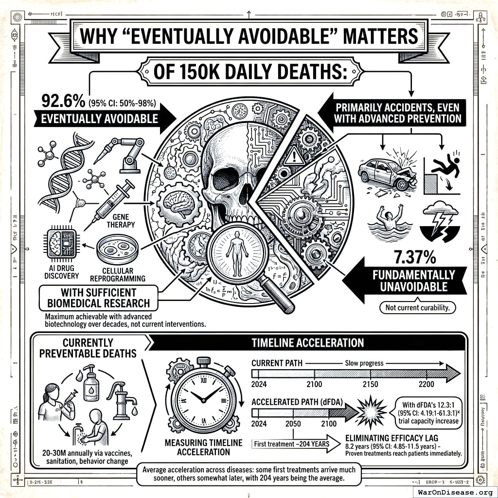 Daily mortality by category, and how faster trials accelerate treatments by over 200 years. Right now, every disease waits in line like you’re running one cash register at the pharmacy on a Sunday. We’re proposing more registers.