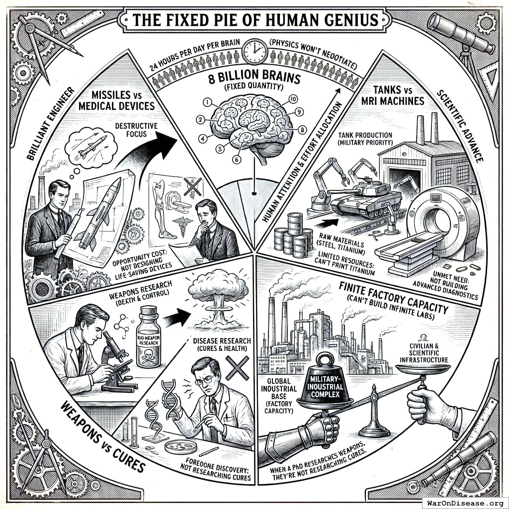 Forty million brilliant humans designing better ways to kill people. One million designing better ways to save them. This is a choice someone made.